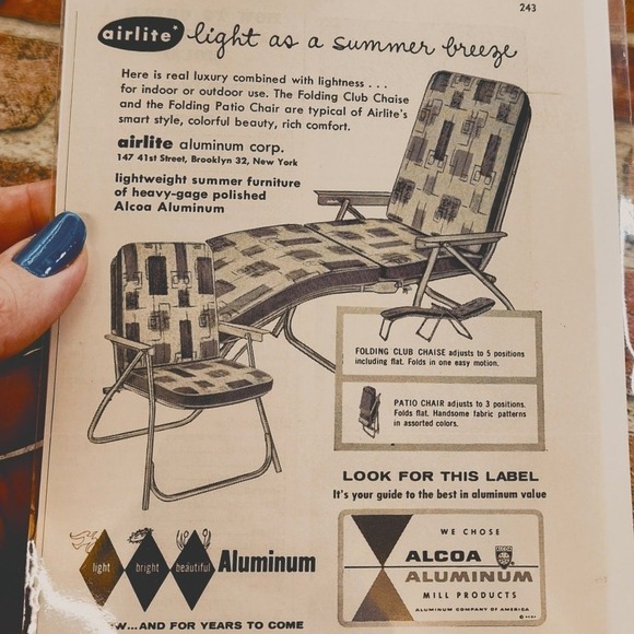 1956 Airlite Folding Club Chaise and Patio Chair Alcoa Alum Orig Vtg Print Ad